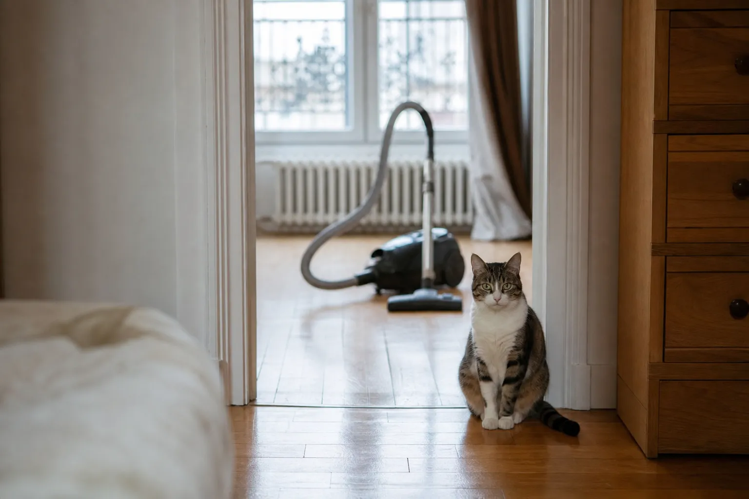 Chat au calme pendant une séance de ménage