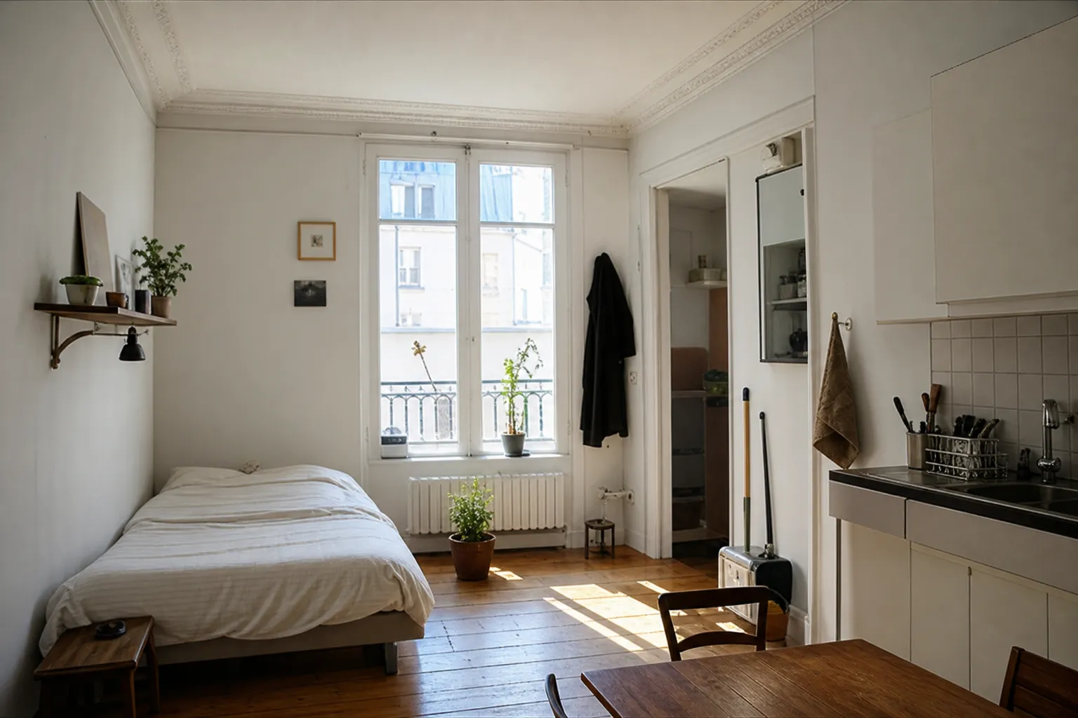 Petit studio rangé avec matériel de ménage discret