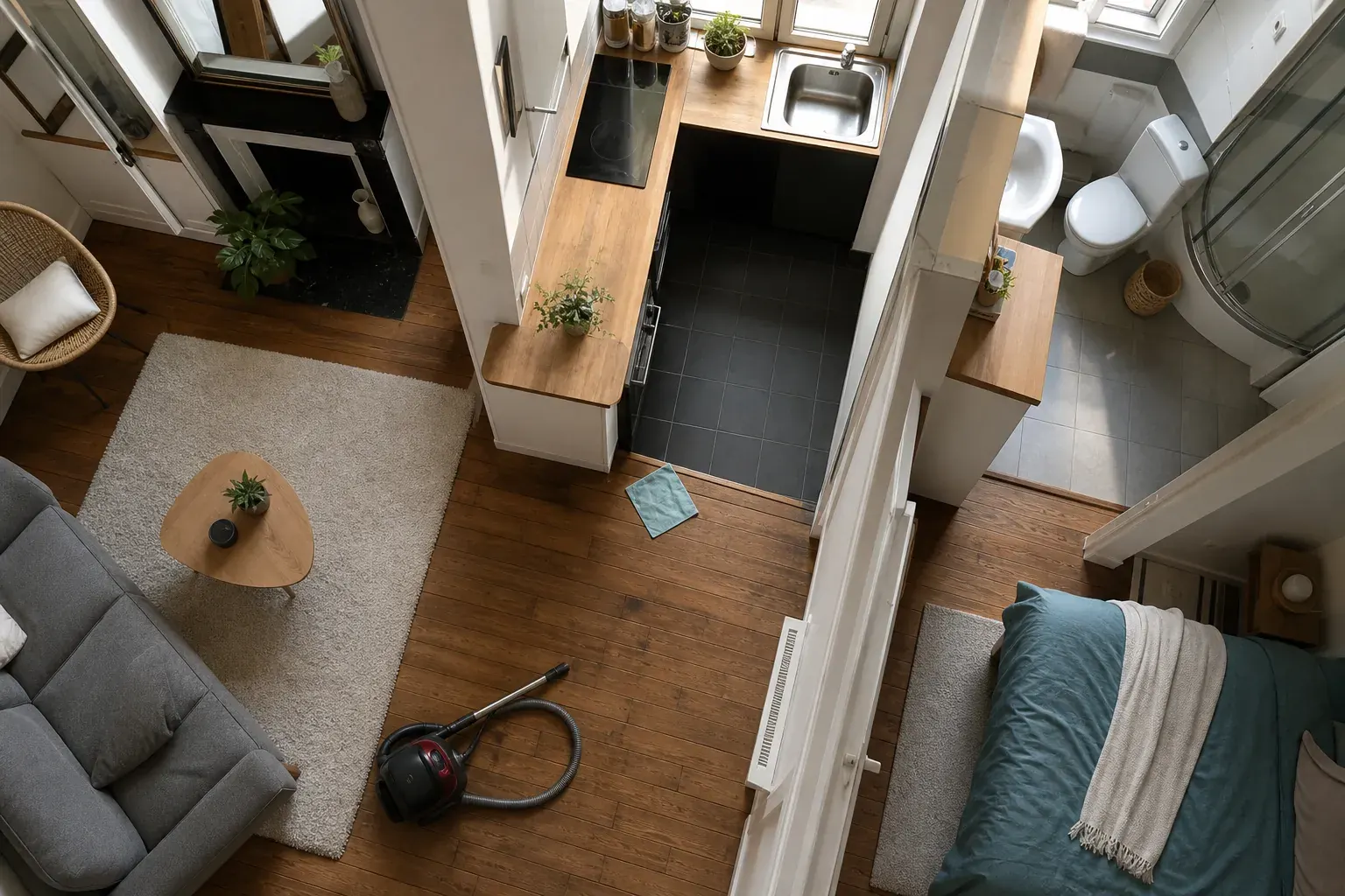 Zones d’un petit appartement avec matériel de ménage