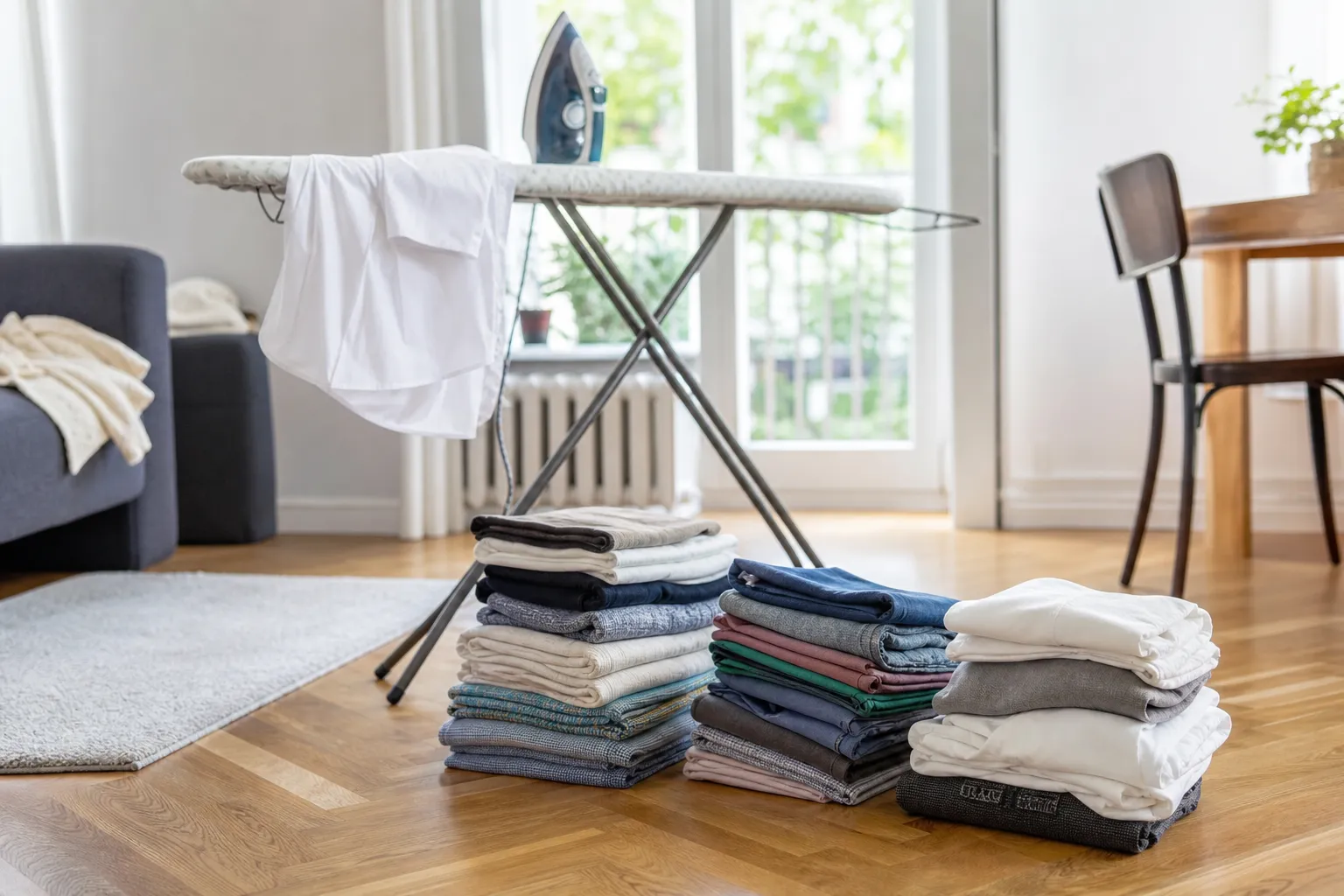 Linge trié près d’une table à repasser