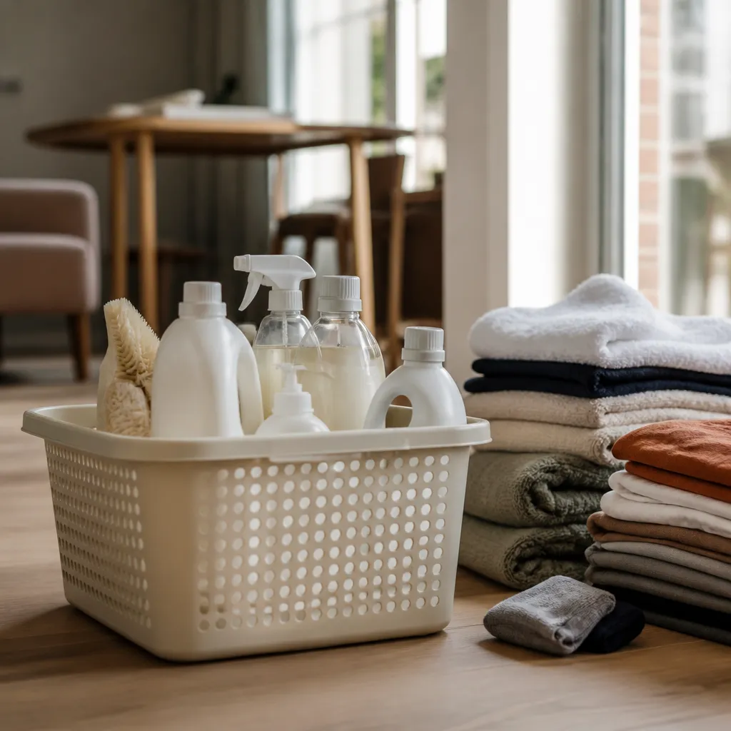 Panier de produits neutres et linge trié avant une intervention