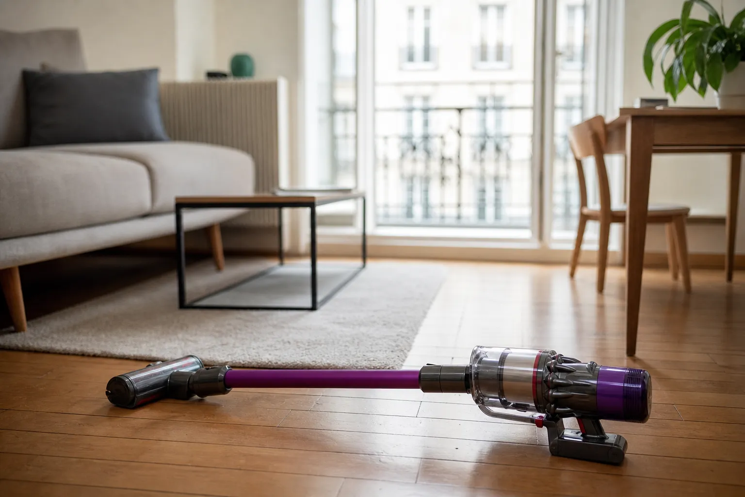 Séjour d’appartement en cours d’entretien, aspirateur balai au premier plan