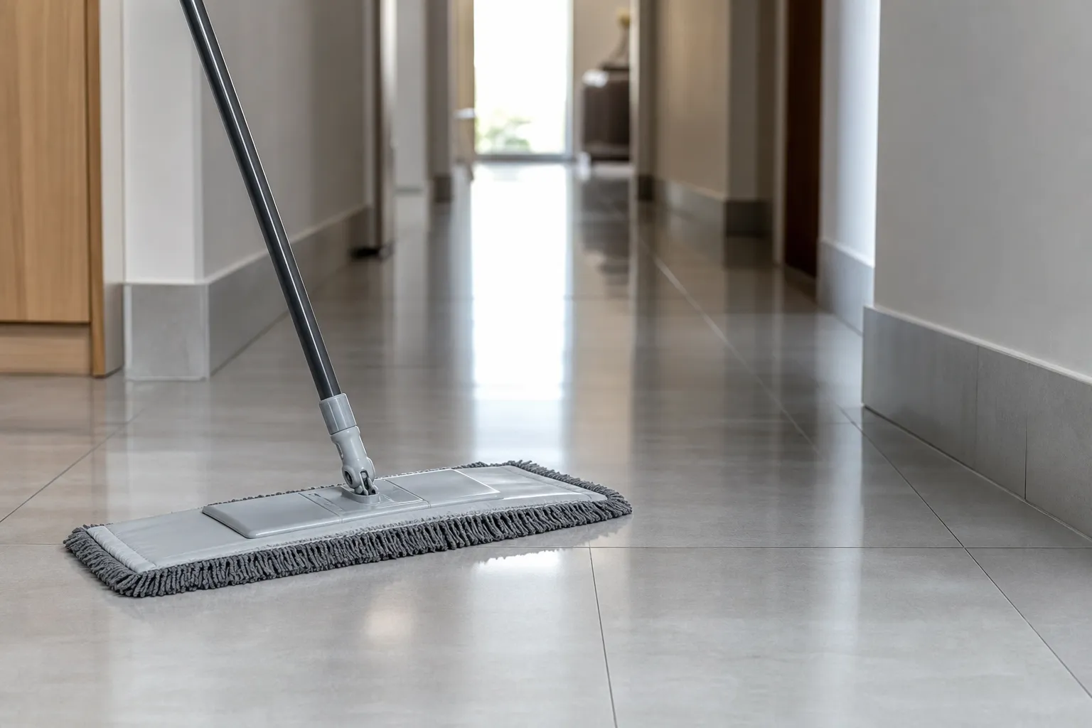 Sol carrelé fraîchement lavé et balai microfibre dans un couloir d’appartement