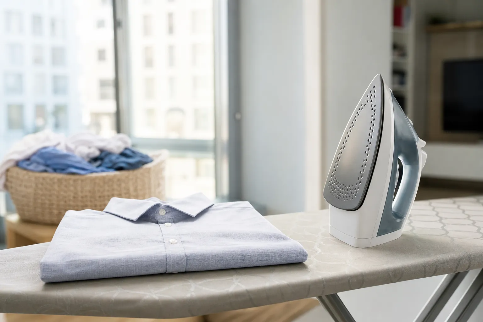 Fer et chemise pliée sur une table à repasser, panier de linge en arrière-plan