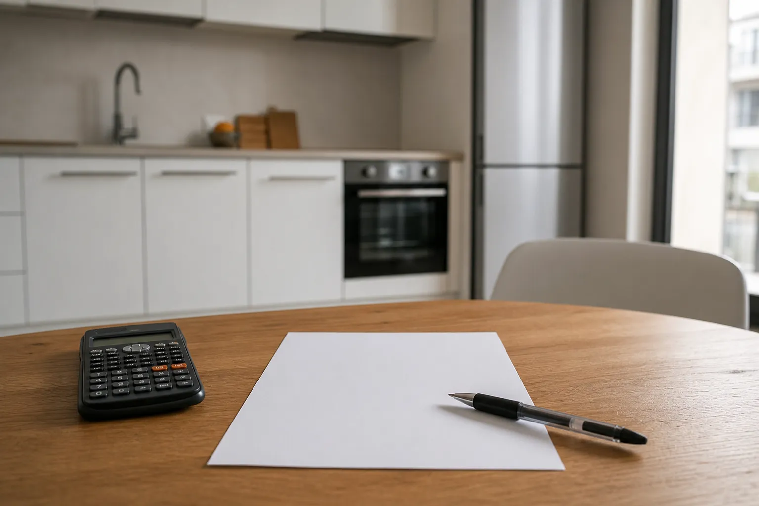 Feuille de papier, stylo et calculatrice sur une table de cuisine