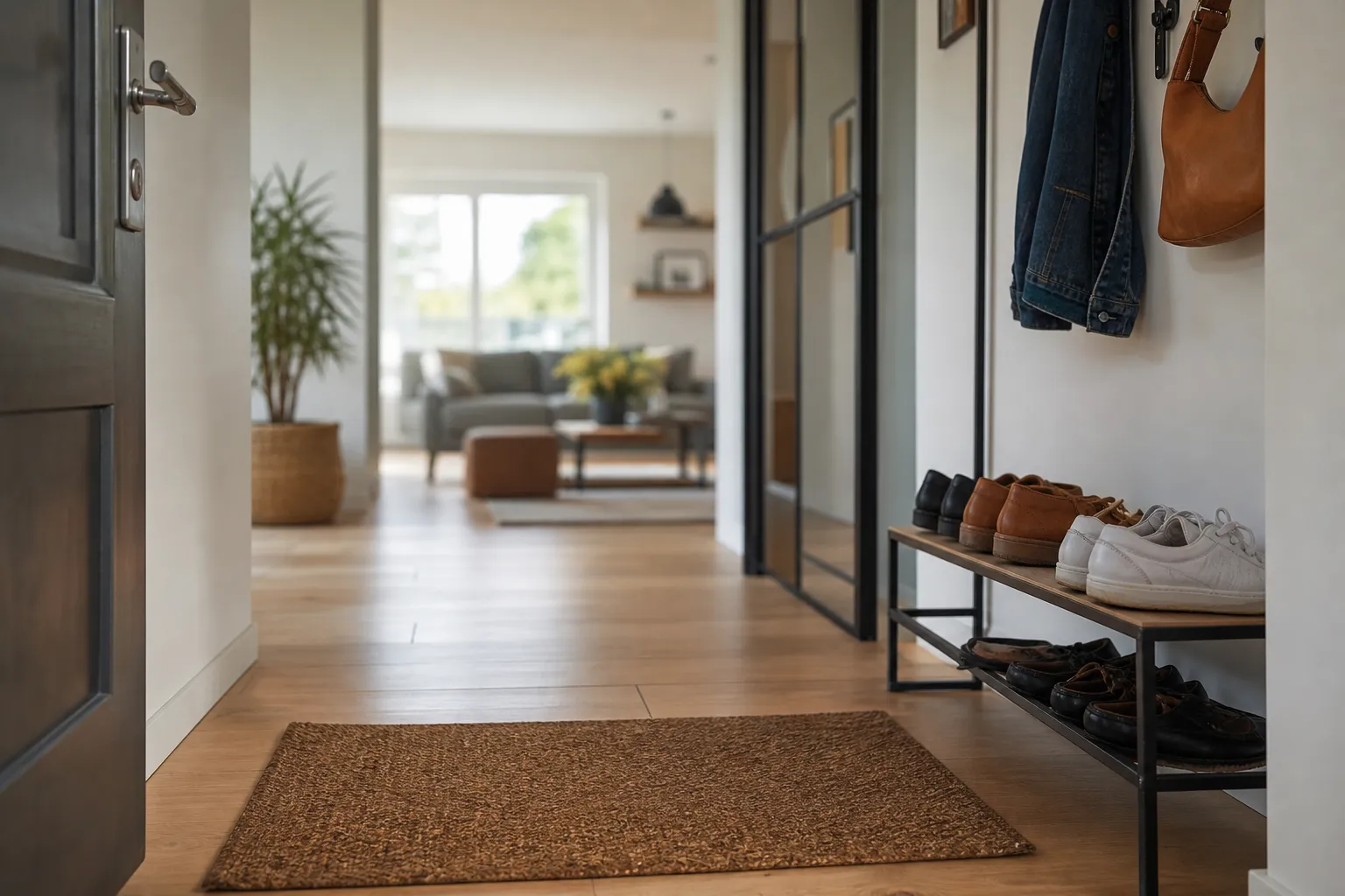 Entrée d’appartement avec paillasson, porte-manteau et chaussures rangées