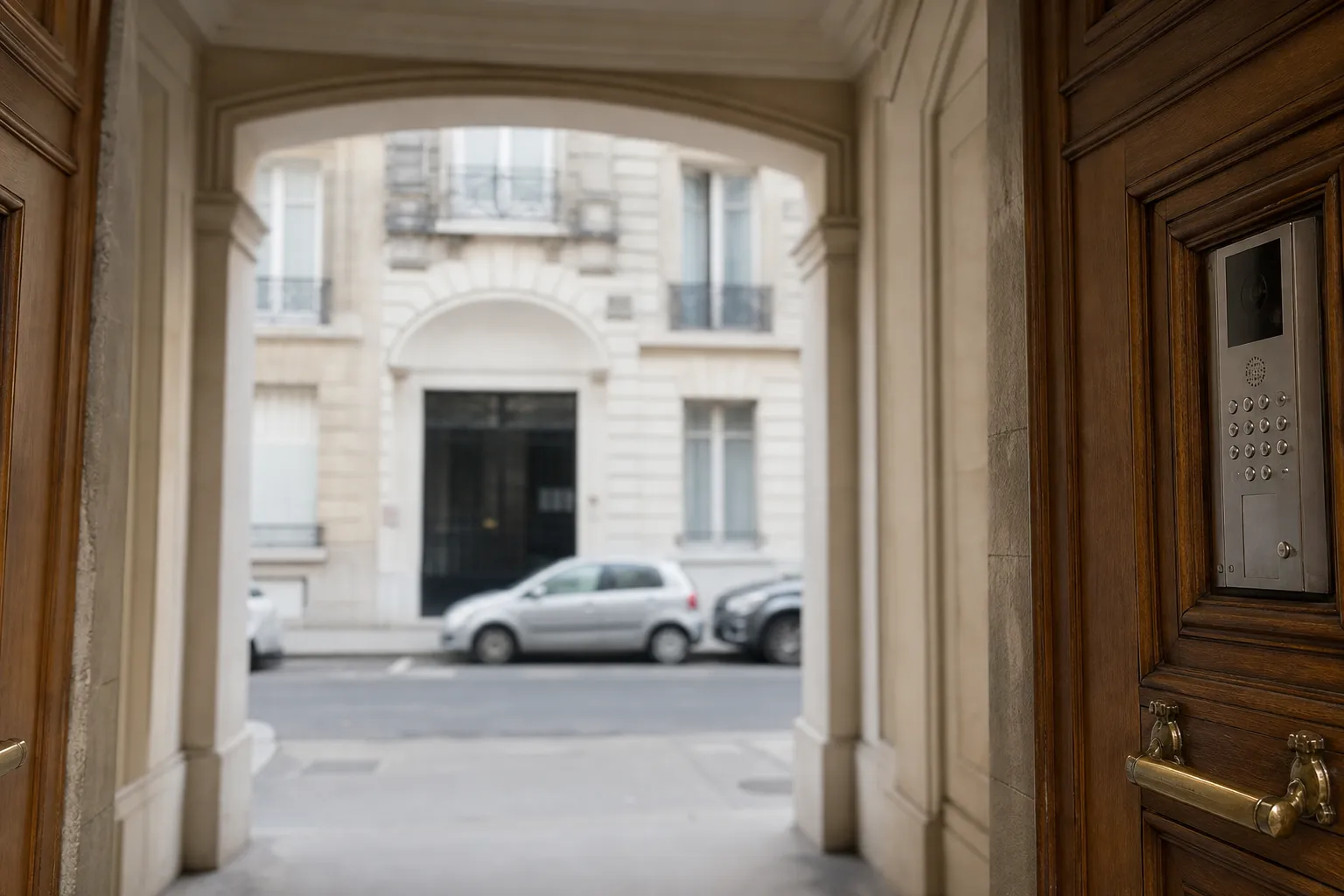 Porte cochère d’immeuble avec interphone, rue en arrière-plan